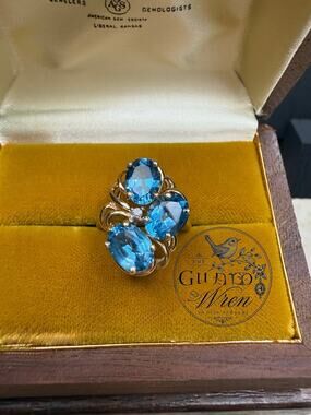 Vintage 14K Gold Blue Topaz Diamond Cocktail Ring 3 Stone Estate Size 6
